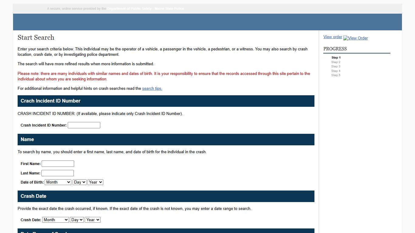 Maine Crash Reporting Online Search & Ordering Service: Step 1 of 5