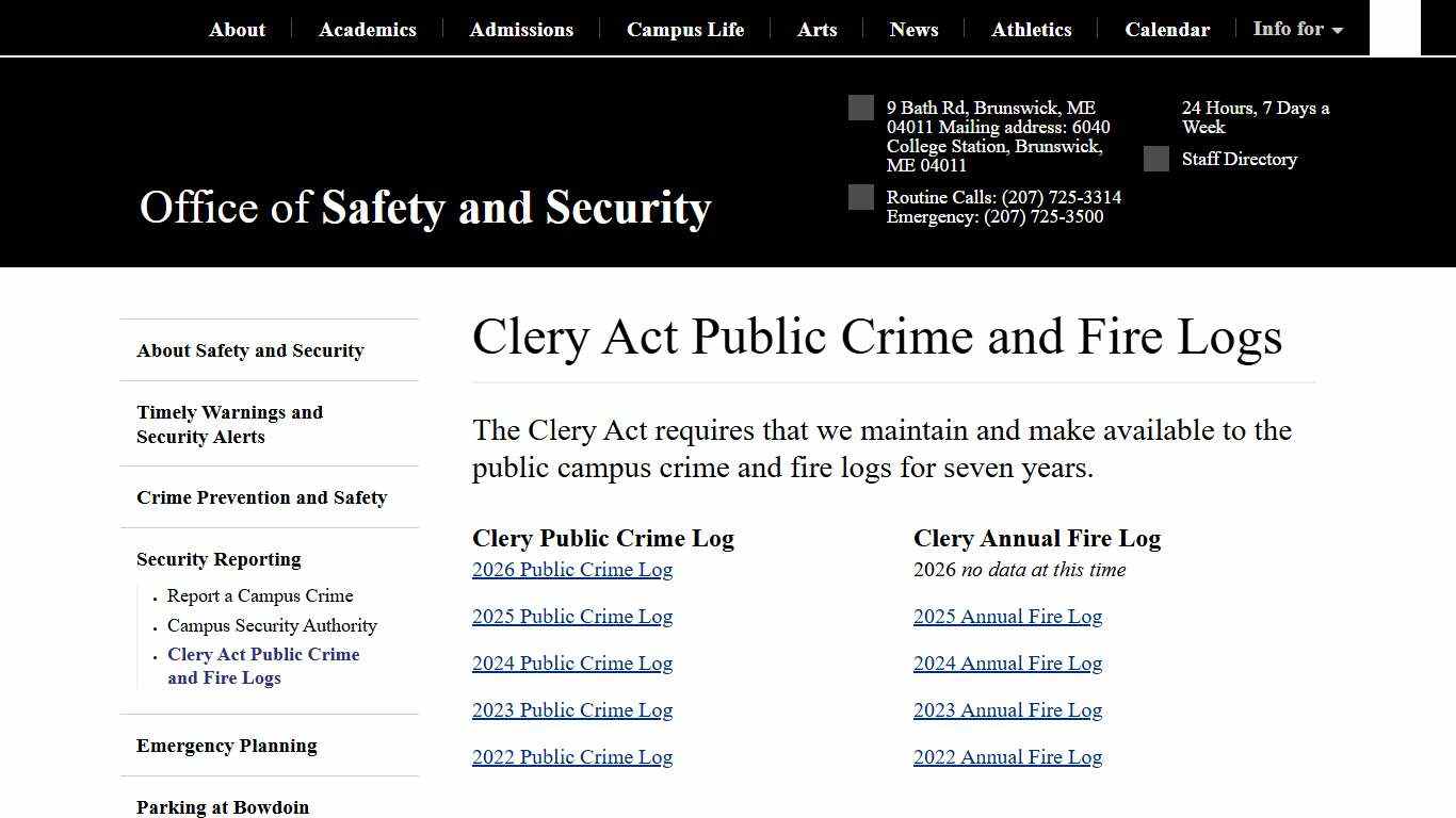 Clery Act Public Crime and Fire Logs Bowdoin College